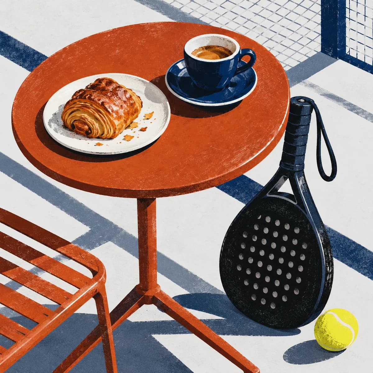 Illustration of coffee, a pastry, a padel racket and ball for the coming-soon café